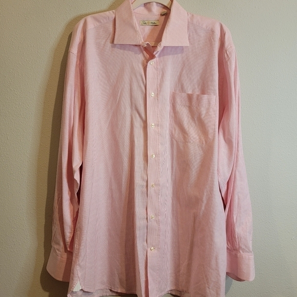 Peter Millar Size Large Pink and white pin striped Button down pocketed shirt - Picture 1 of 7